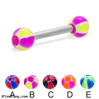 Straight barbell with balloon balls, 12 ga, straight barbell clear retainer, internally threaded straight barbells, gold plated straight barbell eyebrow jewelry, gold navel barbells 8mm, cheap barbells and tongue rings