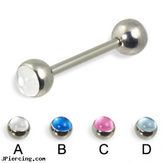 Straight barbell with cabochon balls, 14 ga, straight barbell clear retainer, straight nose stud, internally threaded straight barbells, how to unscrew barbell body jewelry, gold navel barbells 8mm