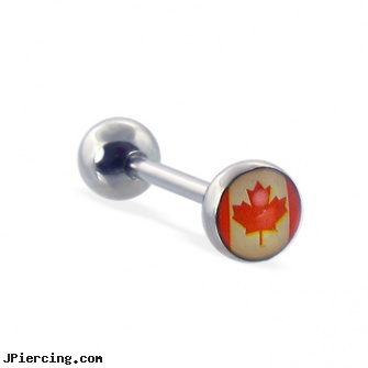Straight barbell with Canadian flag logo, 14 ga, straight barbell clear retainer, internally threaded straight barbells, straight nose stud, buy tongue barbell, circular barbell body jewelery
