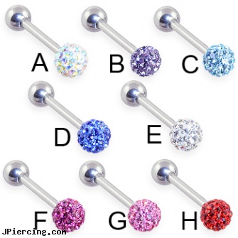 Straight barbell with crystal paved ball, straight nose stud, straight barbell clear retainer, straight pin nose rings, colored heavy gauge tongue barbells, nipple barbell