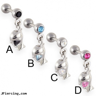 Straight barbell with dangling jeweled dolphin, internally threaded straight barbells, straight barbell clear retainer, straight pin nose rings, acrylic tongue rings barbells, circular barbell