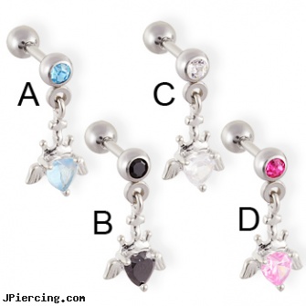 Straight barbell with dangling jeweled heart with wings, straight barbell clear retainer, straight onyx plugs, straight nose stud, buy logo tongue barbells, eyebrow piercing barbells