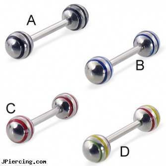 Straight barbell with epoxy striped balls, 14 ga, straight barbell clear retainer, internally threaded straight barbells, straight nose stud, tongue peircing barbells, clit hood barbells balls