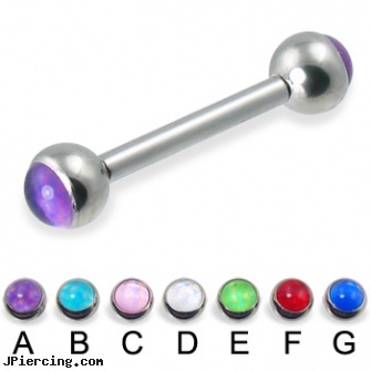 Straight barbell with hologram balls, 12 ga, gold plated straight barbell eyebrow jewelry, internally threaded straight barbells, straight onyx plugs, beach ball barbell and eyebrow piercing, no see-um tongue barbell