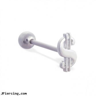 Straight barbell with money sign top, 14 ga, straight nose stud, straight onyx plugs, straight pin nose rings, diamond nipple barbell, cheap barbells and tongue rings