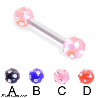Straight barbell with multi-gem acrylic colored balls, 12 ga, internally threaded straight barbells, straight pin nose rings, straight nose stud, flexible tongue rings barbells, navel barbell with elvis