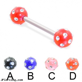Straight barbell with multi-gem acrylic colored balls, 14 ga, gold plated straight barbell eyebrow jewelry, straight pin nose rings, internally threaded straight barbells, how to unscrew barbell body jewelry, colored heavy gauge tongue barbells