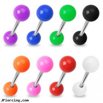 Straight barbell with solid colored balls, 14 ga, internally threaded straight barbells, straight barbell clear retainer, straight pin nose rings, 16 ga circular barbell body jewelery, cheap barbells and tongue rings