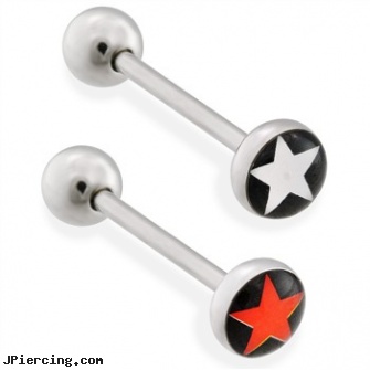 Straight barbell with star logo end, 14 ga, straight pin nose rings, gold plated straight barbell eyebrow jewelry, internally threaded straight barbells, large gauge tongue barbell, belly button barbells
