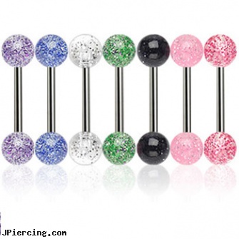 Straight barbell with ultra glitter balls, 14 ga, straight nose stud, straight pin nose rings, straight onyx plugs, tongue barbell, curved barbell