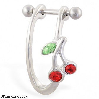 Straight helix barbell with dangling cherry cuff , 16 ga, internally threaded straight barbells, straight onyx plugs, straight barbell clear retainer, helix piercing jewelry, helix barbell