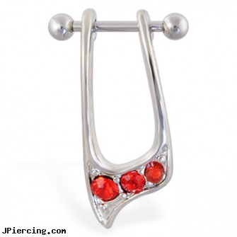 Straight helix barbell with dangling red jeweled cuff , 16 ga, straight pin nose rings, straight onyx plugs, internally threaded straight barbells, helix piercing jewelry, ear helix