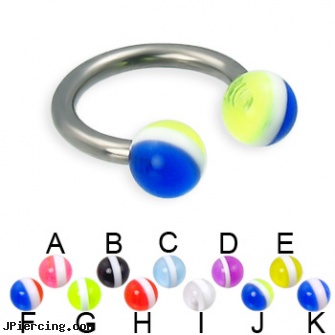 Striped ball titanium circular barbell, 12 ga, titanium tongue rings candy striped, cock and ball ring, baseball and belly button rings, labret replacement balls, 18 guage titanium labret