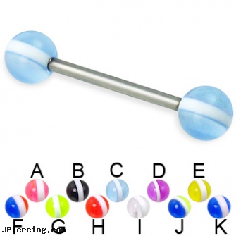 Striped ball titanium straight barbell, 14 ga, titanium tongue rings candy striped, cock and ball piercing, black onyx ball stud, cbt play piercing balls gallery, titanium body percing jewelry