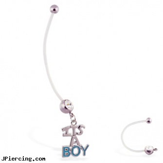 Super long flexible bioplast belly ring with dangling \"ITS A BOY\", body jewelry superman belly button ring, superman navel ring, navel ring superman, how long does it take for tongue piercing to heal, long island belly button piercing
