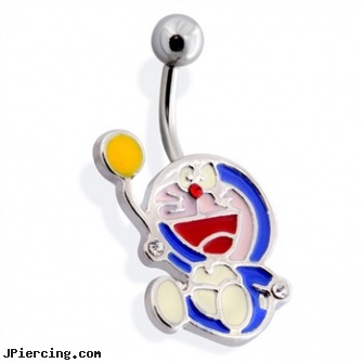 Surgical Steel Belly Ring with Robotic Cat with Balloon, surgical stainless steel navel jewelry, navel jewelry surgical stainless steal internal thread, surgical steel belly rings, stainless steel piercing body jewelry, horseshoe belly button ring