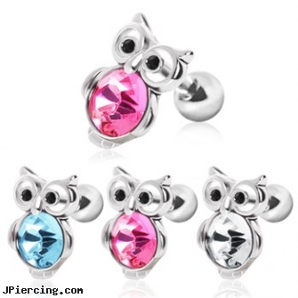 Surgical Steel Cute Owl with Gemmed Belly Cartilage Earring, surgical steel prong set labrets, surgical steel navel jewelry, surgical steel body piercing jewelry, steel jewelry, 12 gauge steel ear plugs