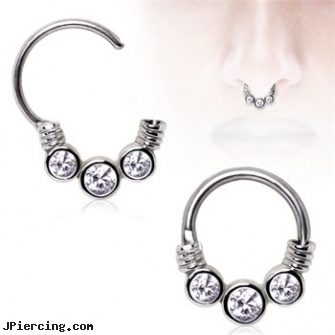 Surgical Steel Gemmed Trio Septum Clicker, surgical steel navel jewelry, surgical steel body piercing jewelry, surgical steel body jewellery, stainless steel body jewelry, captive earrings unique steel