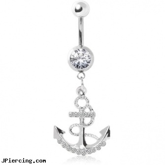 Surgical Steel Navel Ring with Gemmed Anchor with Rope, surgical steel nose rings, navel jewelry surgical stainless steal internal thread, surgical placement of rings in cock and scrotum, captive earrings unique steel, surgical steel belly rings