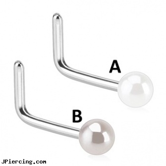 Surgical Steel Nose L Bend Pearl Coated Ball - White, surgical steel body jewellery, surgical placement of rings in cock and scrotum, surgical steel body piercing jewelry, buy stainless steel lip ring, steel my heart jewlry