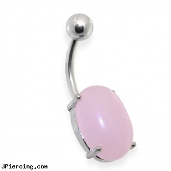 Surgical Steel Prong Set Oval Pink Aventurine Semi Precious Stone Navel Ring, surgical stainless steel body jewelry, body piercing jewelry surgical steel, surgical steel body piercing jewelry, stainless steel triple cock ring, steel body jewelry