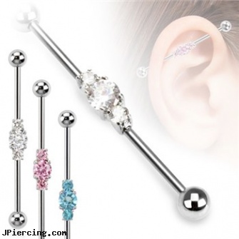 Surgical Steel Three Linked Czs Industrial Barbell, surgical steel belly rings, surgical steel navel rings, surgical steel body jewelry, industrial steel body jewellery, double steel cock rings