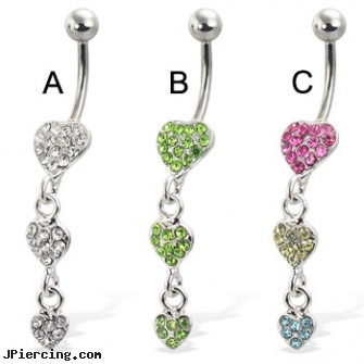 Three jeweled hearts belly button ring, 18g jeweled labrets, jeweled belly rings, jeweled labrets, belly piercing rings, titanium belly jewelry