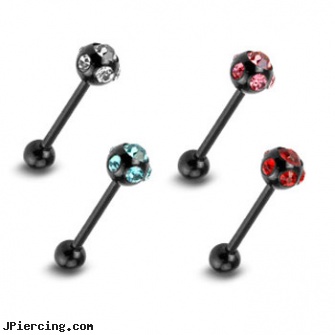Titanium anodized black straight barbell with crystal paved ball, piercing supplies titanium, titanium nipple rings, titanium nipple jewelry, anodized body navel ring, black and blue titainum tongue rings