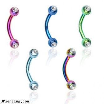 Titanium anodized curved barbell with clear jeweled balls, 16 ga, titanium slave navel jewelry, titanium body jewelry, navel piercing barbell titanium, anodized body navel ring, curved tapers stretching