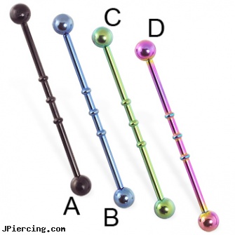 Titanium anodized triple notched industrial barbell, 14 ga, navel piercing barbell titanium, 18 gauge labret titanium, titanium body jewelry, anodized body navel ring, stainless steel triple cock ring