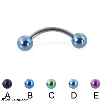 Titanium curved barbell with colored balls, 16 ga, titanium nipple rings, titanium tongue rings candy striped, titanium and body and jewelry, curved labret rings, curved earrings screw balls
