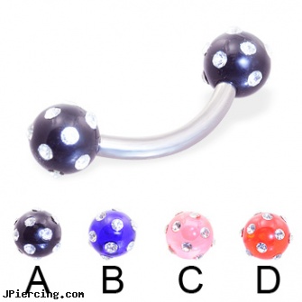 Titanium curved barbell with multi-gem acrylic colored balls, 12 ga, piercing supplies titanium, titanium ear jewelry, nipple rings titanium, body jewelry curved nose bones, uv curved barbell