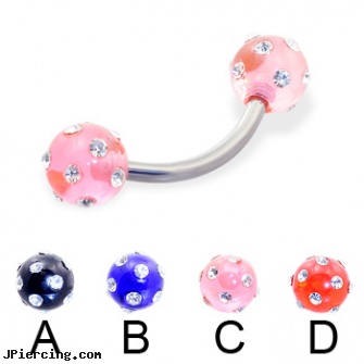 Titanium curved barbell with multi-gem acrylic colored balls, 14 ga, titanium tongue rings candy striped, black titanium labret, titanium nipple jewelry, curved labret rings, curved penis