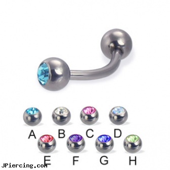 Titanium jeweled curved barbell, 14 ga, titanium nipple rings, nipple rings titanium, titanium tongue rings, jeweled labrets, 18g jeweled labrets