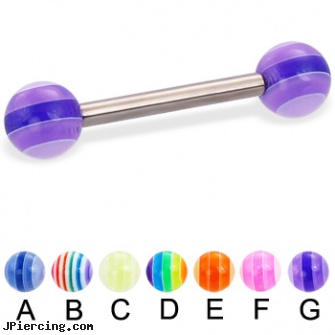 Titanium straight barbell with acrylic layered balls, 12 ga, 18 guage titanium labret, titanium eyebrow ring, titanium and body and jewelry, straight pin nose rings, straight barbell clear retainer