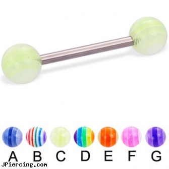 Titanium straight barbell with acrylic layered balls, 14 ga, titanium tongue rings candy striped, titanium belly jewelry, titanium nipple rings, gold plated straight barbell eyebrow jewelry, straight barbell clear retainer