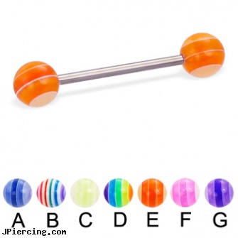 Titanium straight barbell with acrylic layered balls, 16 ga, titanium tongue rings candy striped, titanium navel belly rings, titanium tongue rings, straight pin nose rings, gold plated straight barbell eyebrow jewelry