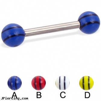 Titanium straight barbell with double striped balls, 12 ga, titanium horseshoe, titanium or stainless steel belly button rings, piercing supplies titanium, straight barbell clear retainer, straight onyx plugs