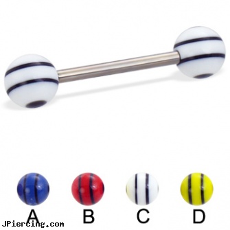 Titanium straight barbell with double striped balls, 14 ga, titanium jewelry, titanium slave navel jewelry, titanium nipple rings, straight nose stud, straight barbell clear retainer