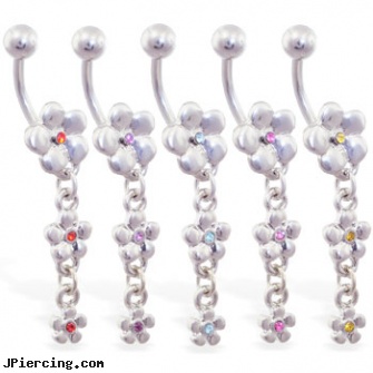Triple jeweled flower dangling belly ring, stainless steel triple cock ring, gold jeweled labret ring, jeweled labrets, 18g jeweled labrets, flower nipple shields