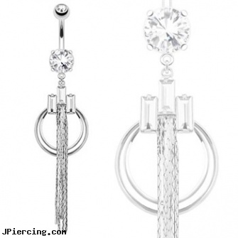 Triple Princess Cut CZ Chandelier With Double Rings Dangle Steel Navel Ring, stainless steel triple cock ring, princess albertina piercing, princess albertina, kiss with tongue ring, pictures of women with facial piercings