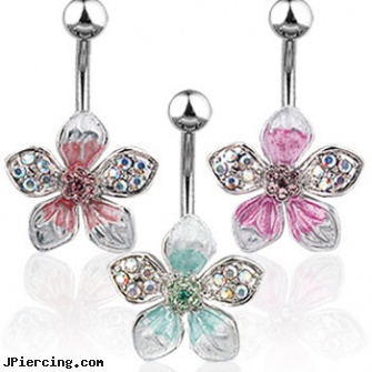 Tropical jeweled flower navel ring, 18g jeweled labrets, jeweled labrets, jeweled navel slave rings, flower nipple shields, flower pics