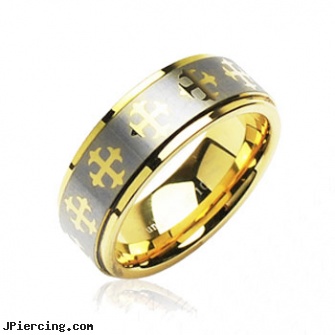 Tungsten Carbide PVD Gold and Brushed Ring with Cross Decorations, fake gold nose ring, gold nose stud, gold navel rings, rebel flag eyebrow rings, small nose rings