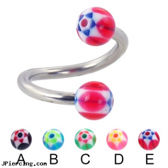 Twisted barbell with acrylic star balls, 12 ga, twisted barbell, barbell balls, nipple barbell, ear piercing barbells, body jewelry acrylic