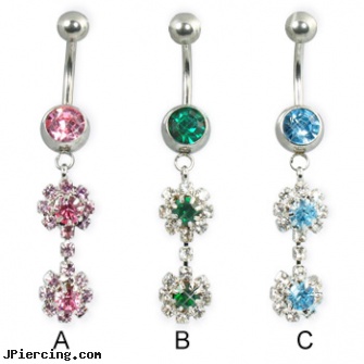 Two dangling flowers belly button ring, dangling nipple jewelry, dangling navel jewelry, dangling body jewelry, pregnancy belly button rings, belly buttons navel piercings