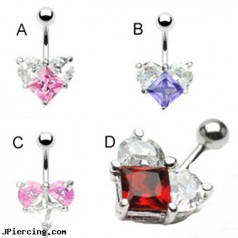 Two-toned jeweled heart belly ring, jeweled navel slave rings, 18g jeweled labrets, jeweled belly rings, heart tattoos, tongue piercing and hole in the heart