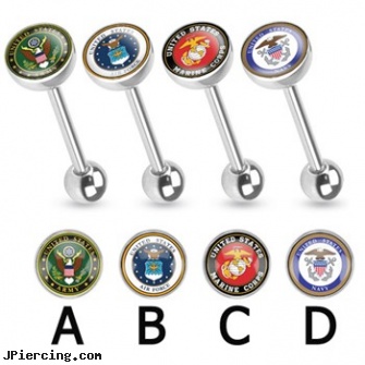 US Military Logo Print Inlayed Surgical Steel Barbell, ny logo belly rings, dallas cowboys logo nipple ring, cool logo belly button rings, surgical placement of rings in cock and scrotum, surgical steel nose rings