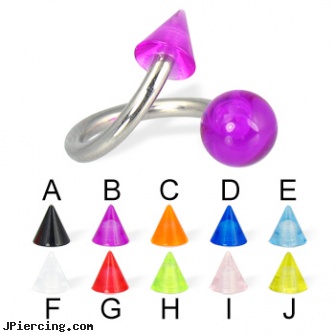 UV ball and cone spiral barbell, 14 ga, blinking koosh ball belly ring, photo ball jewelry, ball belly ring, cone helix, silicone cock rings