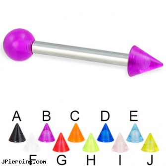 UV ball and cone straight barbell, 12 ga, flashing labret ball, cbt play piercing balls gallery, baseball belly button rings, nipple piercing silicone, silicone cock rings