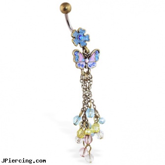 Vintage colorful flower belly ring with dangling butterfly, chains and stones, vintage jelly belly jewelry, flower belly ring, flower nipple shields, flower pics, belly piercing rings